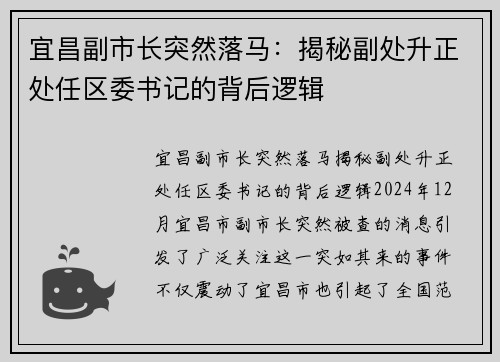 宜昌副市长突然落马：揭秘副处升正处任区委书记的背后逻辑